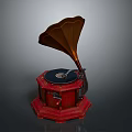Vintage Phonograph With Red Octagonal Base And Brass Horn Classic Home Decor