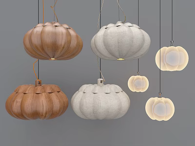 Unique Shaped Pendant Lights Collection With Wooden Brown And White Fabric Designs For Home Interior 3d model