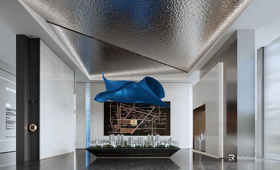 Modern Sales Office Interior With Blue Sculpture Models And Metal Ceiling 3d model 