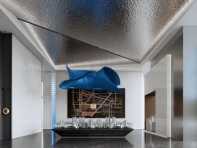 Modern Sales Office Interior With Blue Sculpture Models And Metal Ceiling 3d model