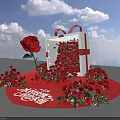 Illuminated Floral Installation With White Gift Box Red Ribbon Bow And Abundant Red Roses