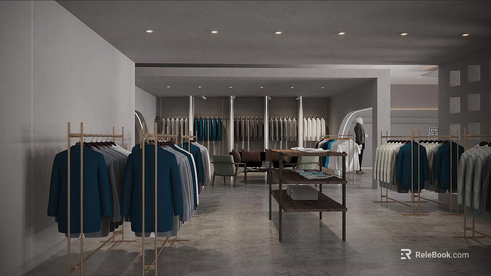 Modern Clothing Store Interior With Racks Of Blue Gray White Garments And Display Shelves 3d model 