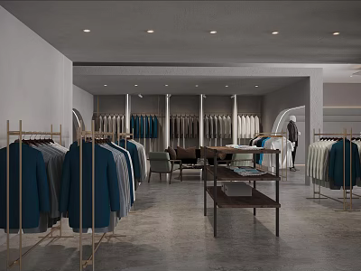 Modern Clothing Store Interior With Racks Of Blue Gray White Garments And Display Shelves 3d model