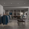 Modern Clothing Store Interior With Racks Of Blue Gray White Garments And Display Shelves