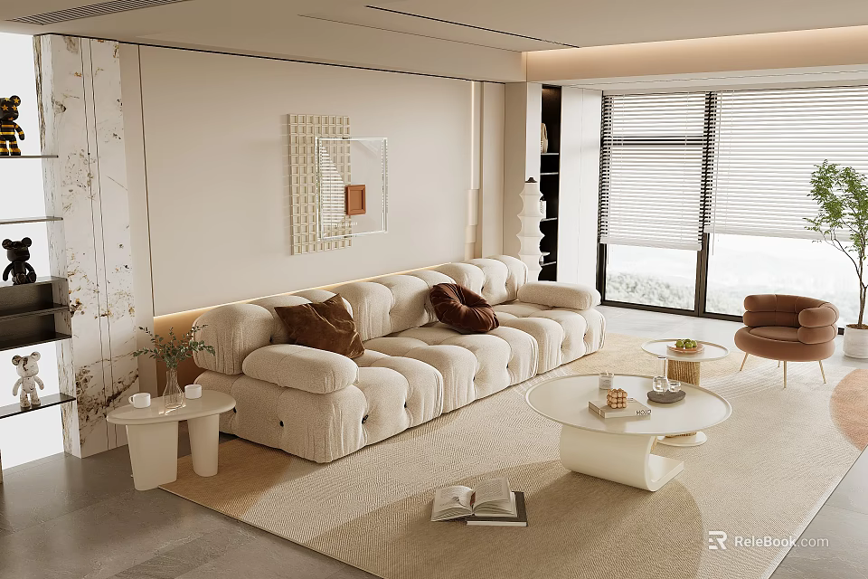 Modern Living Room With Beige Oversized Sofa Brown Cushions White Coffee Table Light Rug 3d model 