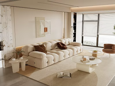 Modern Living Room With Beige Oversized Sofa Brown Cushions White Coffee Table Light Rug 3d model