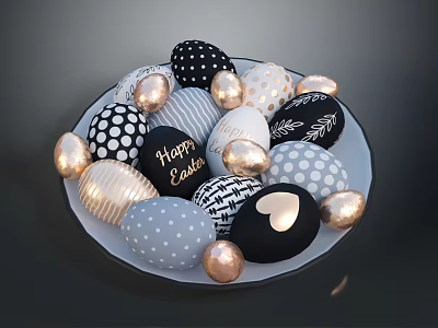 Decorated Easter Eggs With Happy Easter Message Polka Dots And Gold Accents On Plate 3d model