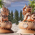 Golden Mythical Beast Sculptures With Ornate Bases Featuring Intricate Carvings Against Lush Trees And Palm Trees