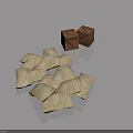 Pile of Beige Square Objects Next to Brown Cubes on Gray Background 3d model