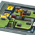 Cartoon Style Factory Scene Layout With Robot Arm Green Areas And Yellow Markers