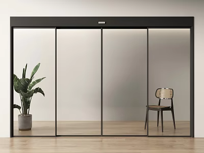 Modern Interior Scene Featuring Black Framed Glass Sliding Doors Green Plant Chair and Wooden Floor 3d model