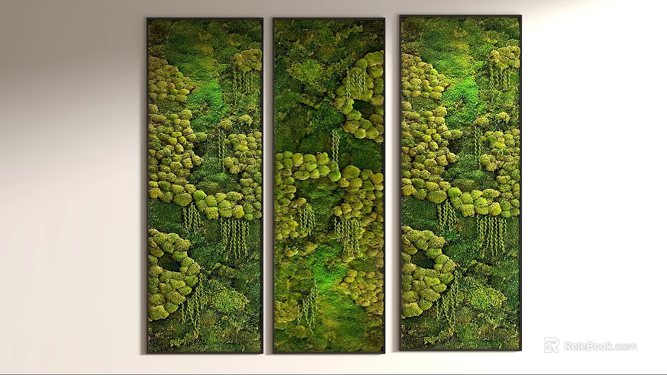 Green Moss Wall Decor Three Panel Textured Design With Natural Hanging Elements 3d model 
