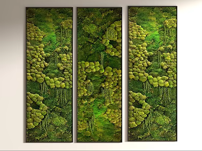 Green Moss Wall Decor Three Panel Textured Design With Natural Hanging Elements 3d model