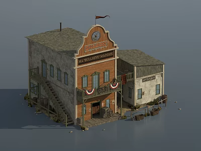 Western Style Single Family House With General Store Balcony And Wooden Staircase 3d model