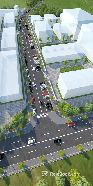 Urban Road Facilities With Traffic Lanes Crosswalk Green Trees And Buildings 3d model 