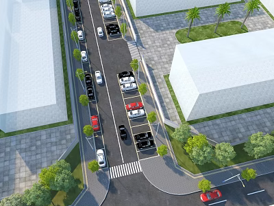 Urban Road Facilities With Traffic Lanes Crosswalk Green Trees And Buildings 3d model