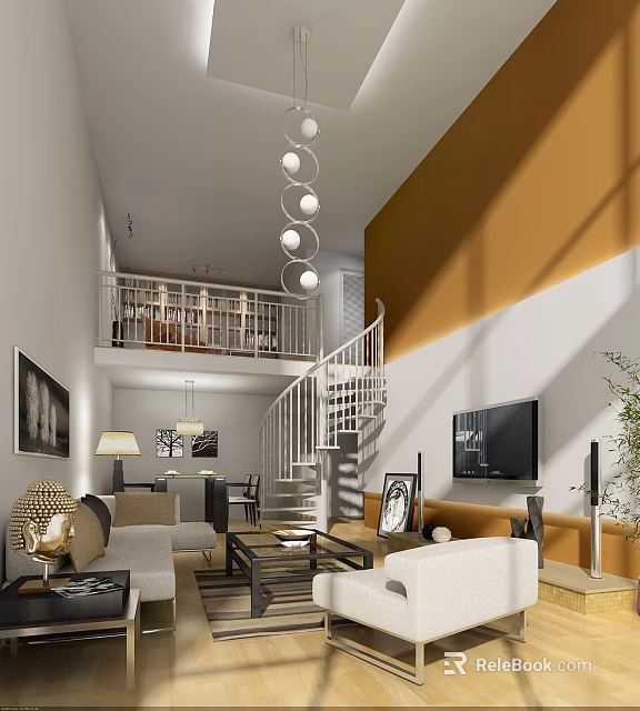 Modern Bright Loft Living Room With White Spiral Staircase And Comfortable Functional Home Interior Design 3d model 