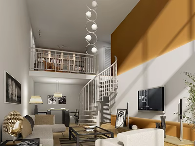 Modern Bright Loft Living Room With White Spiral Staircase And Comfortable Functional Home Interior Design 3d model