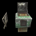 Old Rusted Green Metal Building Structure With Open Lid And Broken Wooden Fence Gate