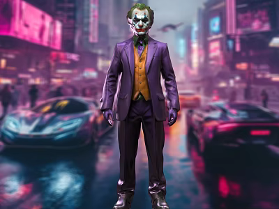 Joker Wearing Purple Suit Yellow Vest On Neon Lit Rainy City Street With Sports Cars 3d model