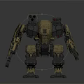 Armored Mech Robot With Yellow Gray Armor And Mechanical Combat Weapons