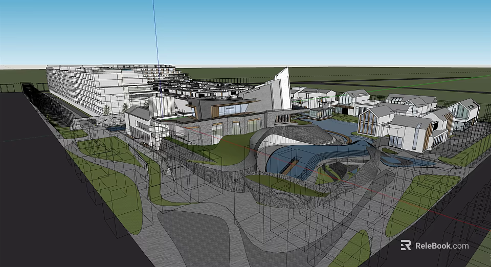 Modern Hotel Building Design With Curved Roof Green Landscaping And Connected Structures 3d model 