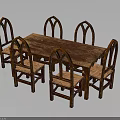 Rustic Wooden Dining Table With Six Arched Back Chairs And Textured Wooden Top