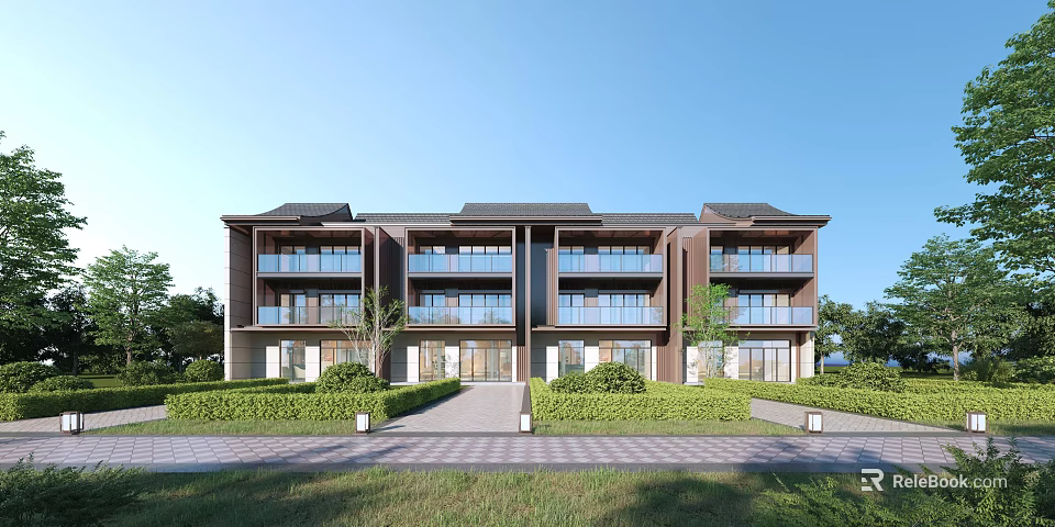 Modern Townhouse Exterior With Balconies And Landscaping 3d model 