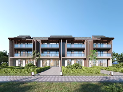 Modern Townhouse Exterior With Balconies And Landscaping 3d model