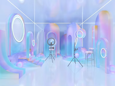 Elegant Modern Public Office Space With Curved Design Neon Lighting And Pink Blue Gradient 3d model