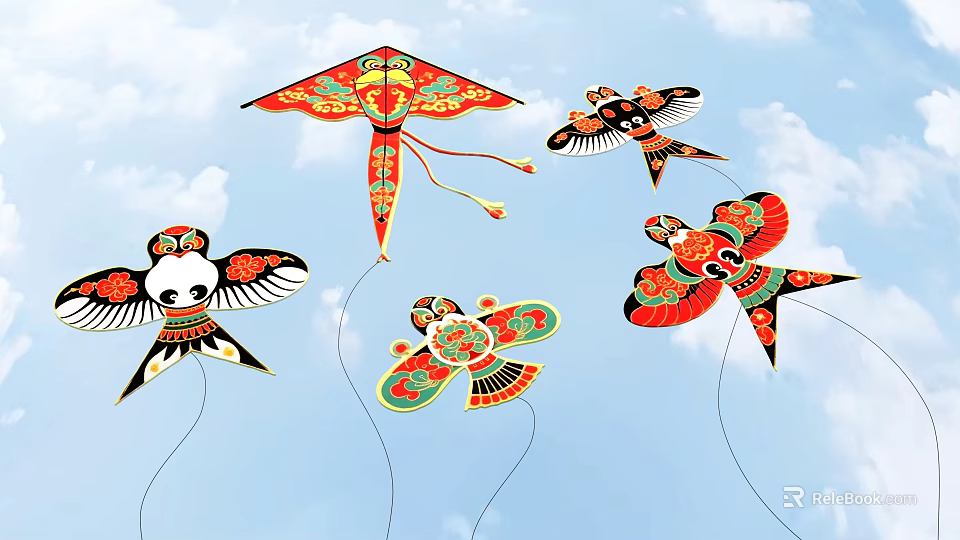 Colorful Decorative Kite Ornament Set With Vibrant Patterns Flying In Blue Sky 3d model 
