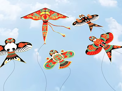 Colorful Decorative Kite Ornament Set With Vibrant Patterns Flying In Blue Sky 3d model