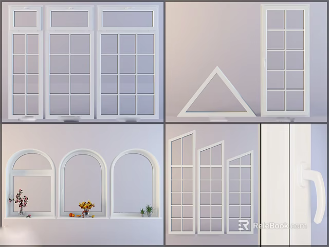 Various Casement Windows Designs With White Frames And Grid Glass Panels 3d model 