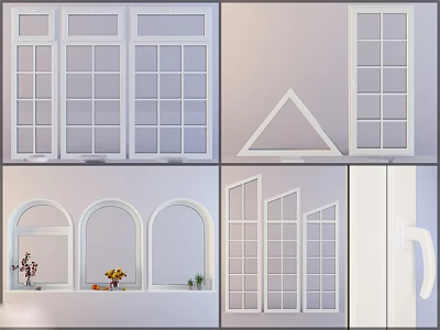 Various Casement Windows Designs With White Frames And Grid Glass Panels 3d model