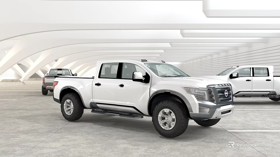 White Nissan Four Door Pickup Truck With Black Wheels In Modern Garage 3d model 