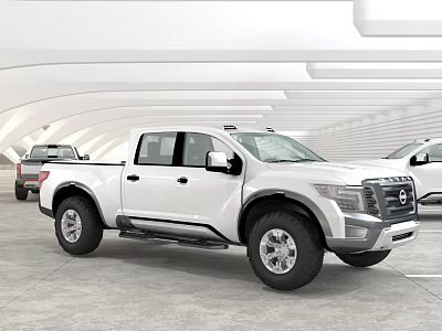 White Nissan Four Door Pickup Truck With Black Wheels In Modern Garage 3d model