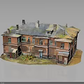Vintage Red Brick Architectural Model Building With Gray Roof Chimneys And Small Green Plants