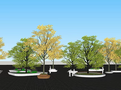 Multiple Tree Planters With Yellow Green Foliage And People Resting On Black Paved Ground 3d model