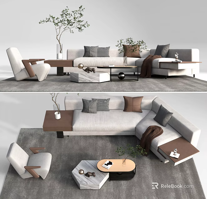 Modern Gray L Shaped Sofa With Mixed Pillows Throw Blanket And Wooden Coffee Table Set 3d model 