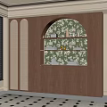 Modern Wooden Storage Cabinet Shelf With Green Floral Wall And LED Lighting