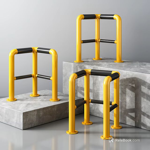 Durable Yellow Roadside Safety Barriers With Black Horizontal Bars And Concrete Bases 3d model 