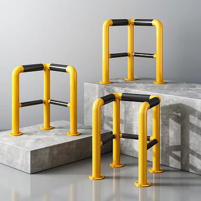 Durable Yellow Roadside Safety Barriers With Black Horizontal Bars And Concrete Bases 3d model