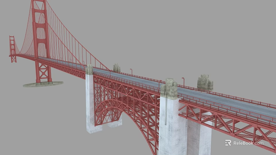 The Red Suspension Bridge With Steel Truss And White Piers Featuring Street Lamps 3d model 