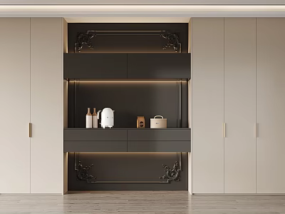 Stylish Modern Decorative Cabinet With Layered Shelves Drawers And Decorative Carvings 3d model
