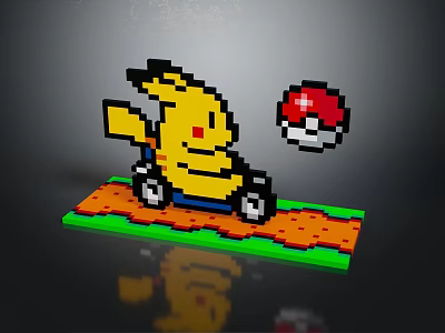 Pixel Art Yellow Character Riding Cart On Colorful Pixel Ground With Floating Pokeball 3d model