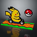 Pixel Art Yellow Character Riding Cart On Colorful Pixel Ground With Floating Pokeball