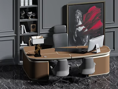 Modern Curved Wooden Office Desk With Computer Monitor Table Lamp And Chairs 3d model