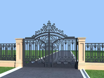 Wrought Iron Entrance Gate with Ornate Carvings and Stone Pillars on Green Lawn 3d model