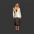 Woman In White Blazer Black Top Brown Skirt And High Heels Standing On Gray Background