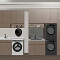 Modern Laundry Area With Wooden Cabinets Sink And Stacked Washing Machines
